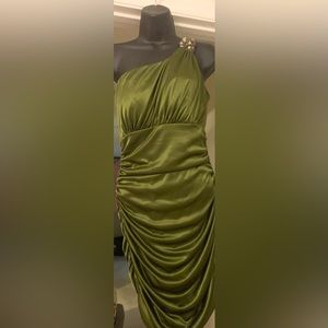 Pickle green dress. One off the shoulder.